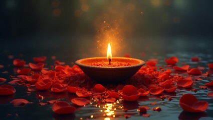 A glowing candle flame radiates light from a small bowl surrounded by red rose petals and shimmering reflections.