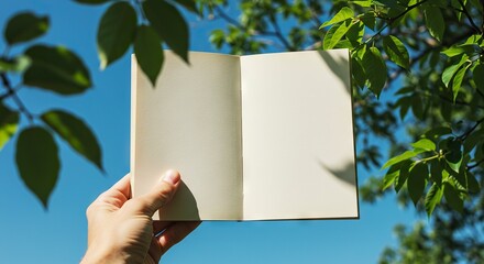 Holding Open Blank Notebook in Natural Sunlight with Blue Sky Background