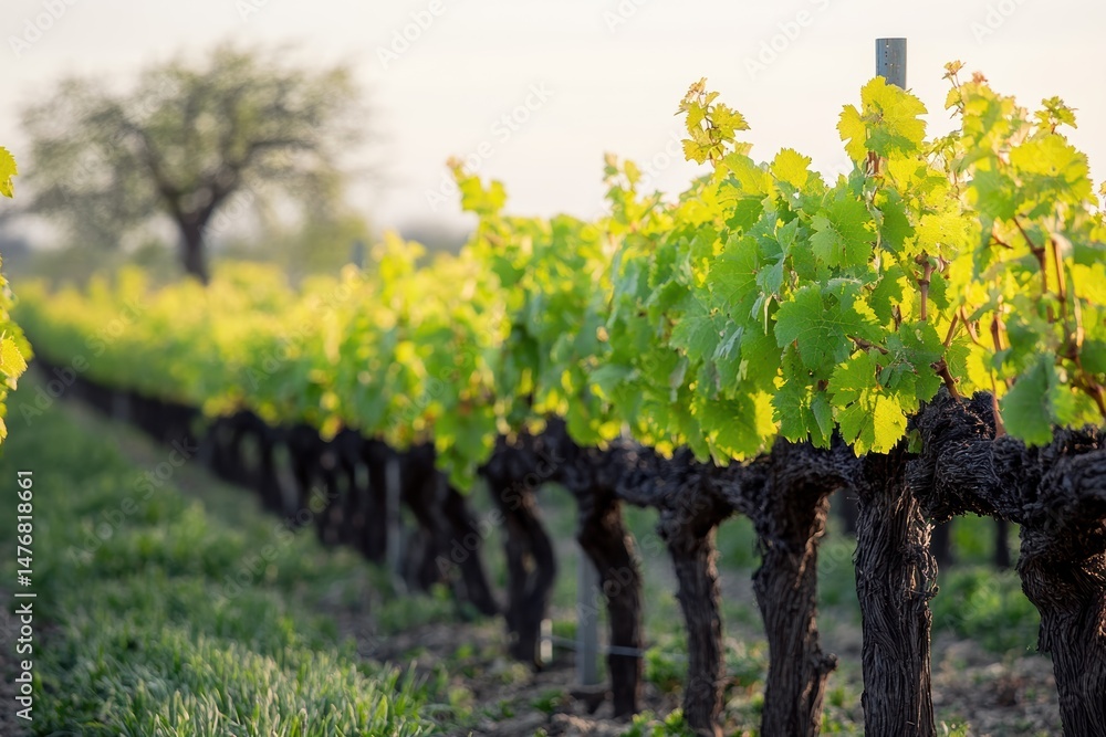 Poster pruning grapevines in spring within a lush vineyard setting
