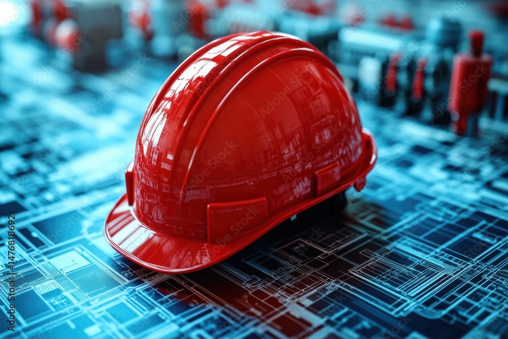 Poster red hardhat positioned on blueprints for electrical substation construction project