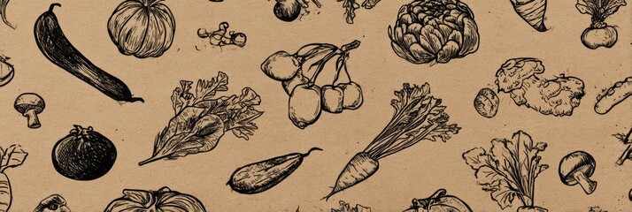Hand-drawn Vegetables Illustration on Kraft Background Showcasing Various Fresh Produce and Their Organic Details