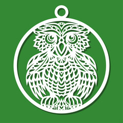 Round pendant owl in a circle. Christmas ball, decorative hanging toy, jewelry decoration, trinket with a bird. Vector template for plotter laser cutting of paper, metal engraving, wood carving, cnc. 