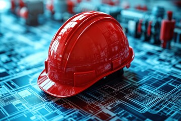 Red hardhat positioned on blueprints for electrical substation construction project