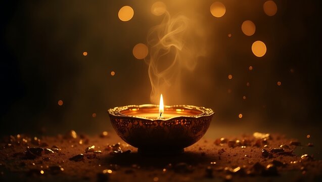 A glowing oil lamp with warm candlelight illuminating festive decorations during diwali celebrations.