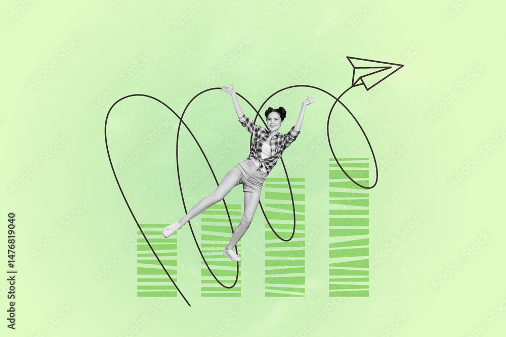 Poster art collage of person levitate with image plane over green background chart analysis