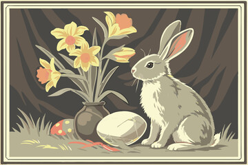 136 antique frame, oil painting, hyper-detailed, hyperrealistic, photorealistic, still life, rabbit, bunny, easter egg, daffodils, bluebells, flowers, vase, textured background, dramatic lighting, int