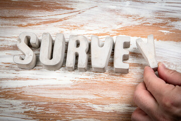 SURVEY Concrete alphabet letters on a light painted wood texture background