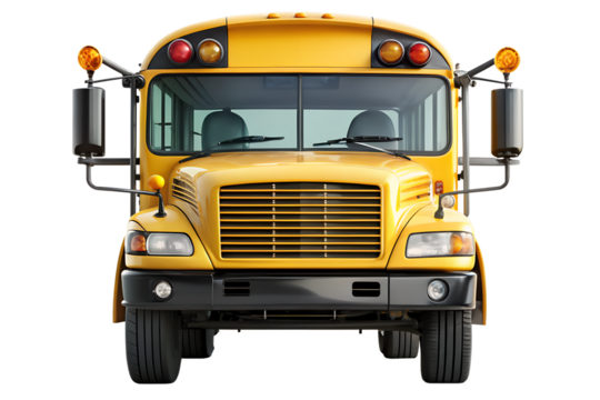 Front view of a classic yellow school bus on black background, school bus, yellow, transportation, vehicle, front view, automobile, education, safety, school, back to school, student, commuting - Powered by Adobe