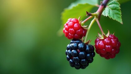 Close-up of ripe blackberries on the vine, glistening with dew , still life, antioxidant, blackberry
