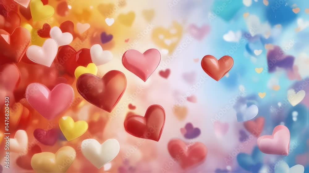 Poster multiple glossy heart shapes in warm and cool color spectrum floating against soft blurred backgroun
