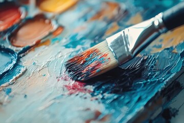 Fototapeta premium Paint Pallet. Artist Paint Palette with Brush on White Background for Colorful Artwork
