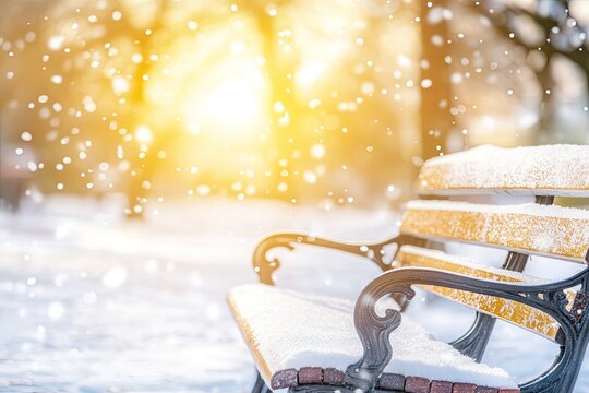 A snowy park bench with the sun shining through the trees