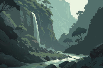 137 intricate, highly detailed, dramatic landscape, lush green tropical forest, massive towering rocky cliffs, waterfalls cascading over the edges, atmospheric fog, dramatic lighting, cinematic, high 