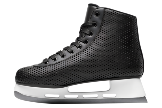 Isolated black leather ice skate with white support on png background, ice skate, skate, black, leather, sport, footwear, isolated, equipment, skating, ice, design, recreation, fashion, shoe, png