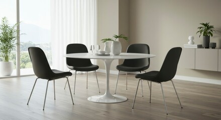 Modern dining set with white table and black chairs