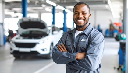 Portrait confident mechanic at auto repair shop. Man stands with crossed arms smiling. Skilled professional, automotive repair, car service