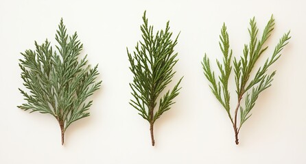Three sprigs of evergreen foliage, varying shades of green, displayed horizontally against a plain white background.  Each sprig exhibits distinct leaf structures
