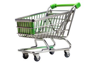 Mini shopping cart with green accents on png background studio shot, shopping cart, mini, small, miniature, green, chrome, black, isolated, retail, supermarket, grocery, market, metal, wire, object