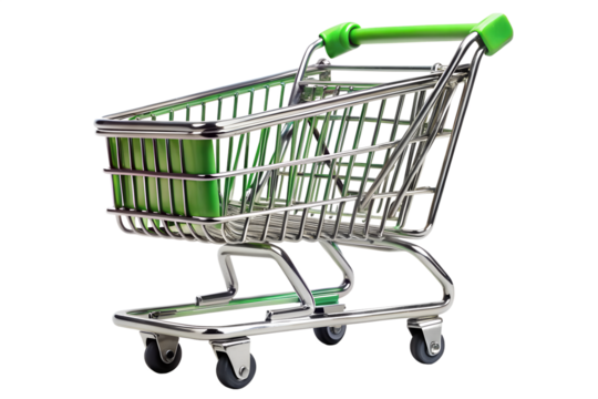 Mini shopping cart with green accents on png background studio shot, shopping cart, mini, small, miniature, green, chrome, black, isolated, retail, supermarket, grocery, market, metal, wire, object