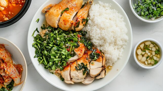 Korean boiled chicken Baeksuk served herbs and steamed rice normal view of baeksuk a boiled chicken dish served with garlic ginger and steamed rice