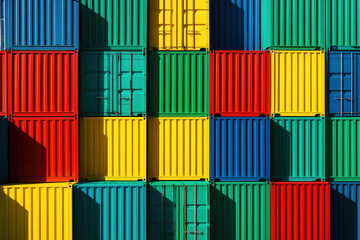 A colorful arrangement of stacked shipping containers in red, green, blue, and yellow creating a vibrant geometric pattern.