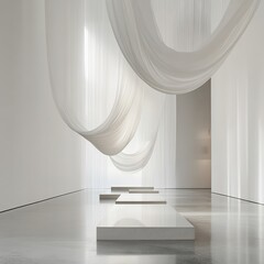 Minimalist exhibition space with draped fabric. Simple, flowing forms