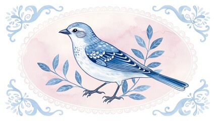 blue and white watercolor bird chinoiserie ornament