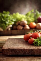 wooden authentic board with fresh vegetables in the background, copy space, rural