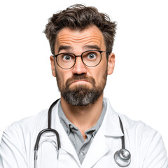 A doctor with a worried expression and glasses poses in a clinical environment, isolated on transparent.