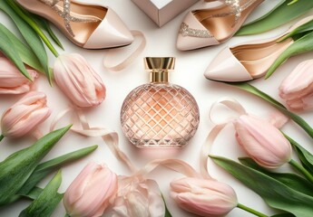 Elegant perfume bottle, delicate shoes, and fresh tulips arranged on a white background.  A gift set with a feminine touch