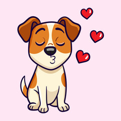 Jack Russell Terrier dog sends kiss and hearts for valentines day on pink isolated background. Hand drawn vector illustration cute cartoon sticker
