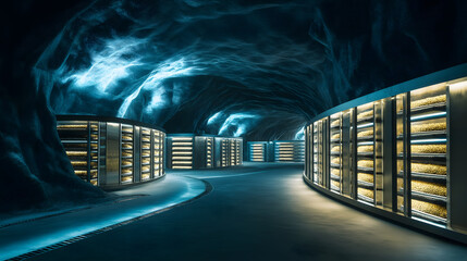 Curved aisles lined with illuminated seed storage racks stretch through a cavernous, frozen futuristic vault, highlighting advanced biodiversity preservation technology.