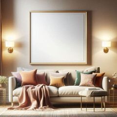 living room interior with fireplace photo frame on wood background	