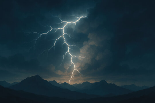 Lightning bolt striking over dark mountain range under stormy night sky with dramatic clouds and intense atmosphere