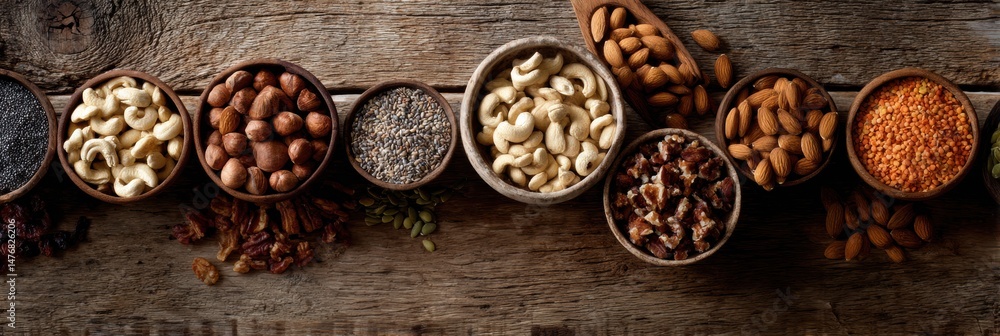 Aufkleber Brightly Lit Table Featuring an Array of Bowls Filled With Assorted Nuts and Seeds for Healthy Snacking