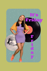 Vertical image art collage of happy girl guy dance friday celebration event vinyl disk meloman...