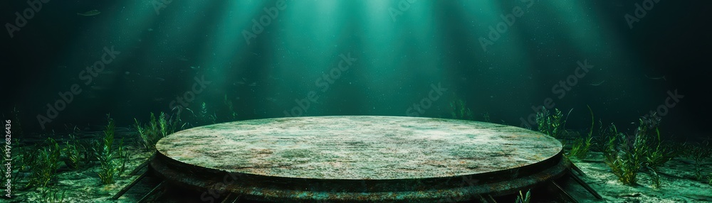 Poster underwater scene with circular platform surrounded by aquatic plants and soft light rays filtering t