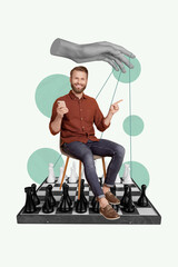 Vertical image art collage of happy girl guy stand chess board game black white figurines hand...