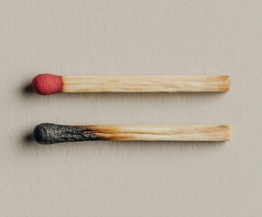 two wooden matches placed horizontally side by side in the center of a light neutral background