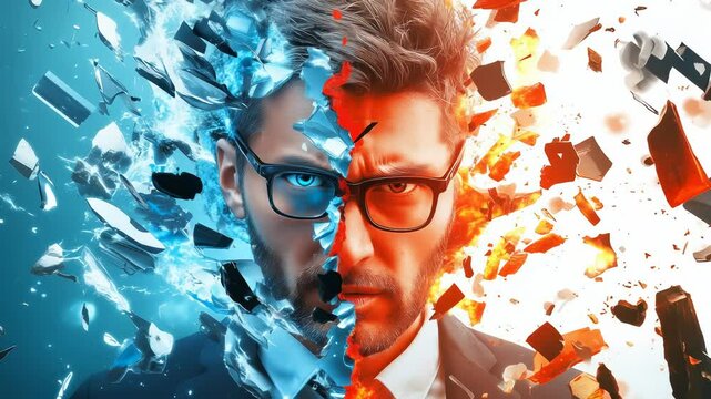 Man in suit split between blue ice and red fire, glasses, dynamic explosion fragments surrounding profile, representing psychological contrast and inner conflict.
