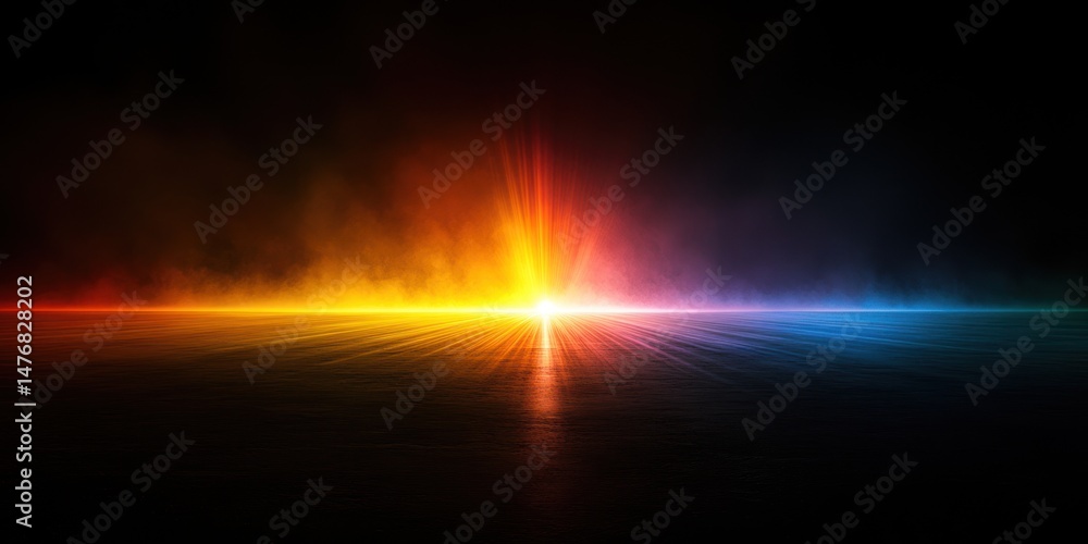 Poster vibrant spectrum of light against a dark background with reflective surface and colorful glow effect