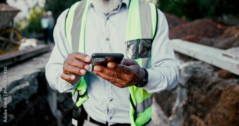 Poster construction site, hands and phone with person outdoor for communication, excavation or update. app,