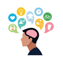 Profile of a person with a visible brain section highlights various thought bubbles filled with symbols representing creativity, interests, and daily activities like cycling and fitness