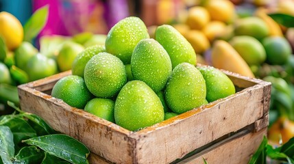 Close-up of dewy green mangoes in a wooden crate at a bustling street market, vivid textiles and produce in the background