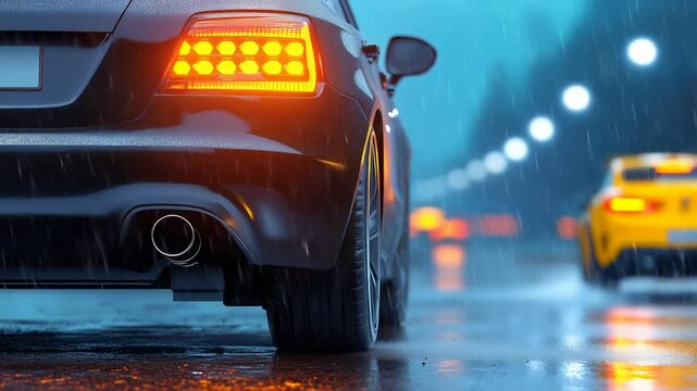 Close-up of car rear section with illuminated brake light during rainy evening. Wet road surface reflects street lights and vehicle lights. Blurred urban background with street lamps.