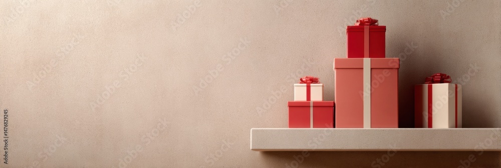 Fototapete Colorful Stack of Presents on Minimal Shelf With Spacious Background and Neutral Tones Creating a Festive Atmosphere