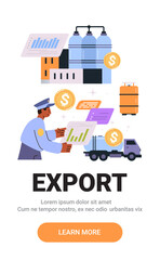 Export trade concept with customs officer analyzing data charts factory truck dollar signs in modern style for business website banner