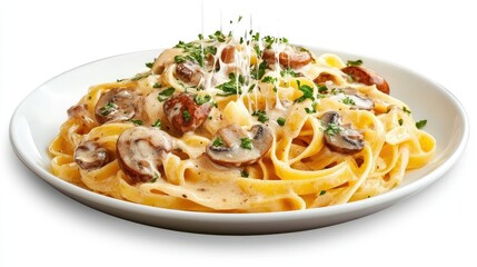 Elegant plate of fettuccine with mushroom cream sauce, cheese raining down for final touch