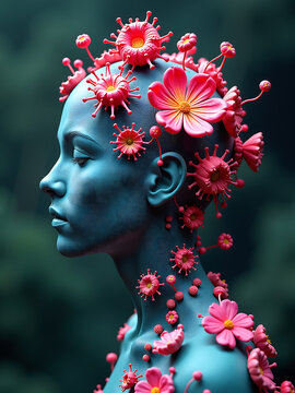 microbioma umano visualizzato come una societ&agrave; complessa di creature diverse che collaborano armonia con colori vividi e textures