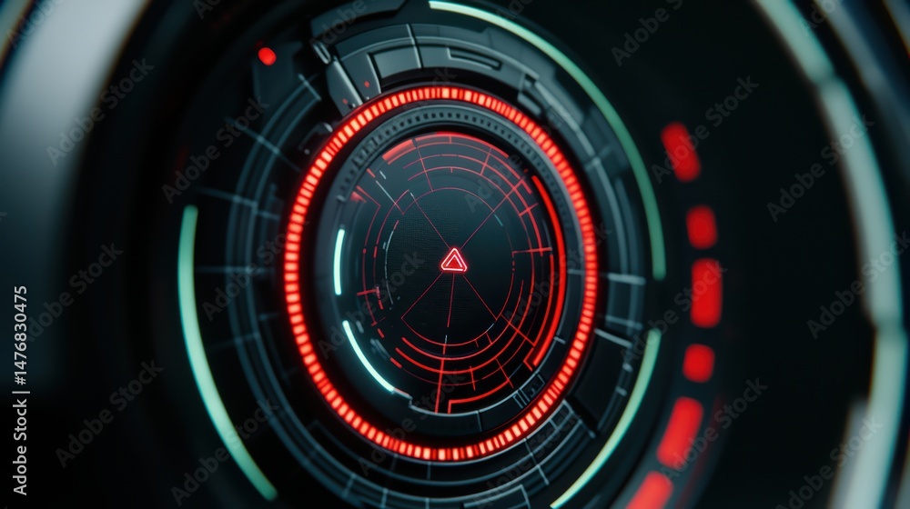 Poster futuristic circular interface with glowing red and green elements for technology and science concept